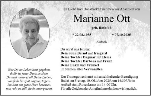 Traueranzeige für eine Erdbestattung in Aufseß