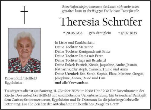 Trauernzeige für eine Feuerbestattung in Drosendorf, Hollfeld