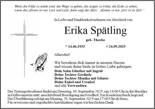Traueranzeige für eine Erdbestattung am Friedhof Gößweinstein