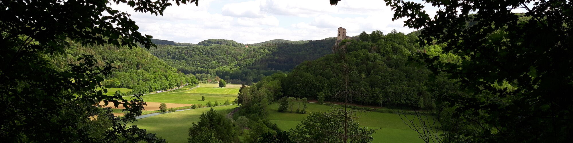 Blick über das Wiesenttal, zur Burgruine Neideck, bei Niederfellendorf bzw. Streitberg